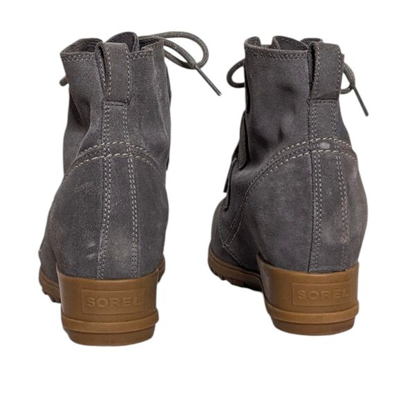 NWOT Sorel Evie US Sz 10 Gray Suede Ankle Booties Lace Up Wedge Weatherproof - Picture 4 of 16